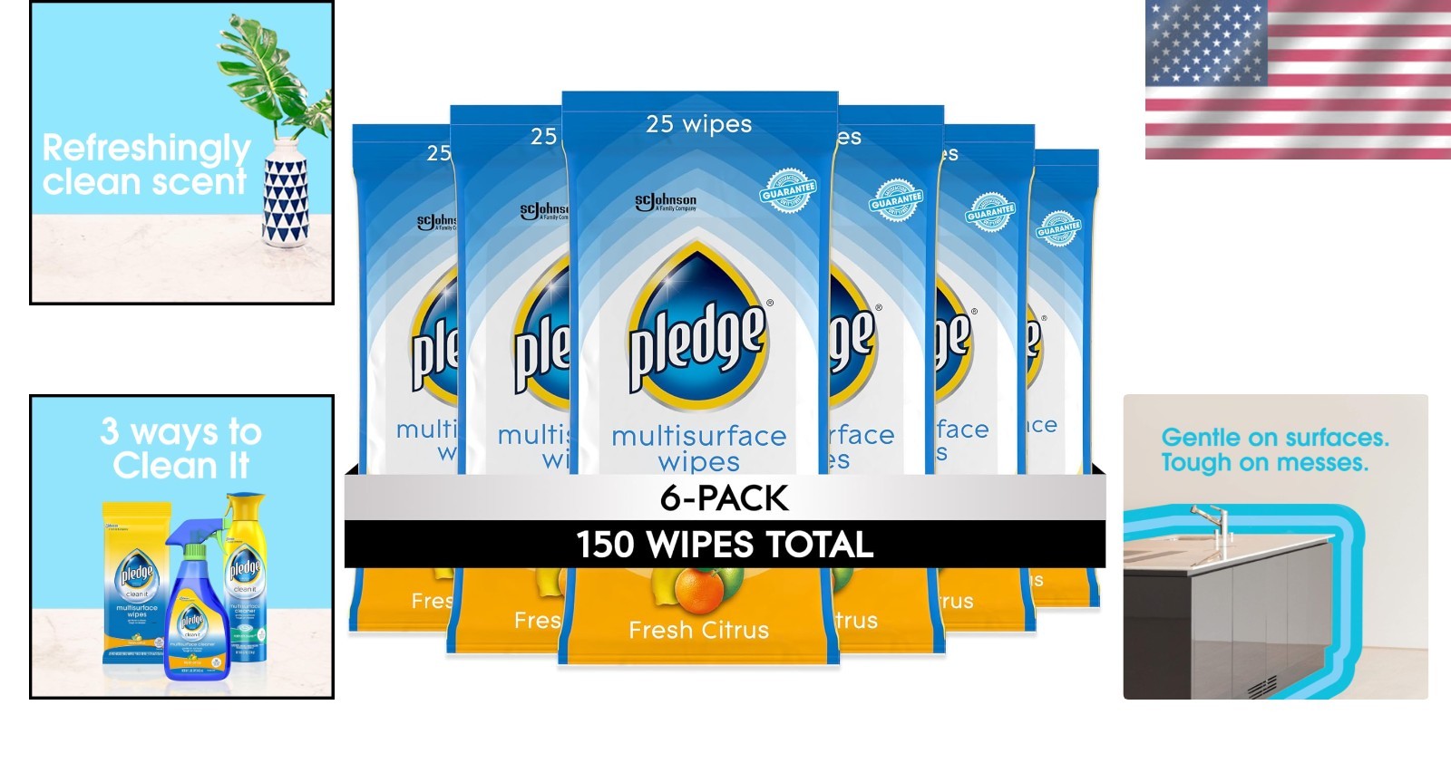 Pledge Multi-Surface Cleansing Wipes, Fresh Citrus – Pack of 6, 150 Total Wipes
