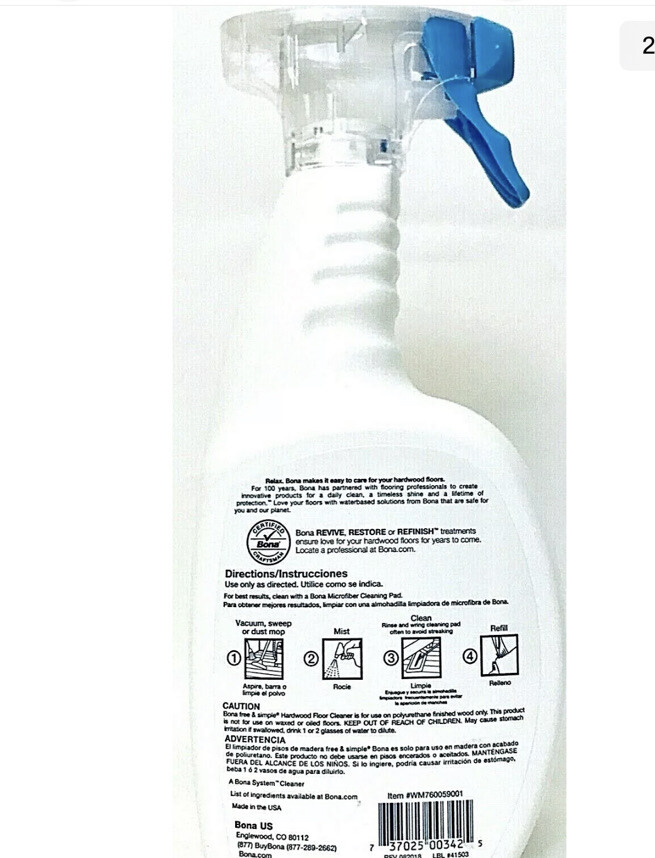 1 Bona 36 Oz Free & Simple Hardwood Floor Cleaner Hypoallergenic Formula Spray