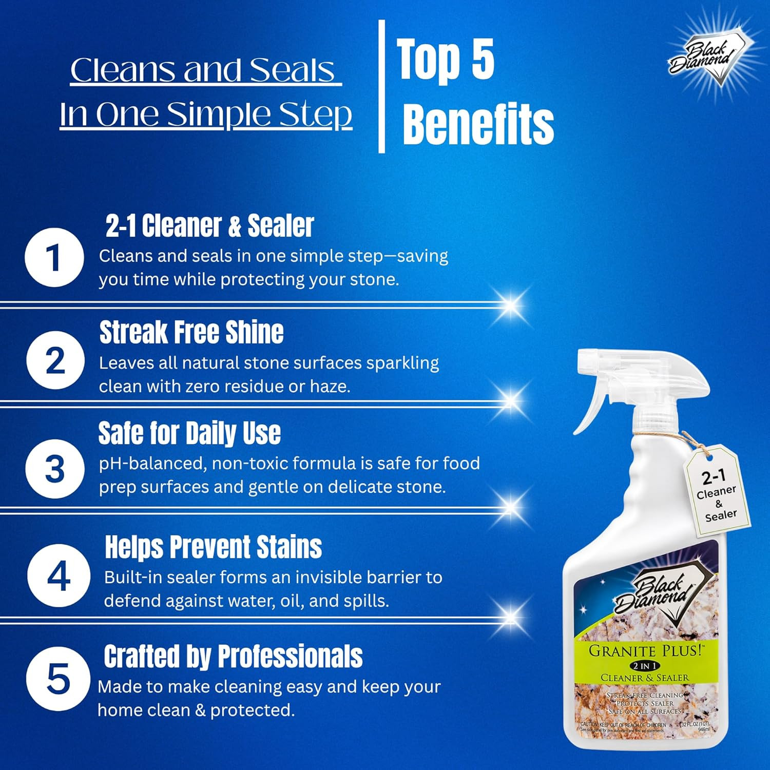Black Diamond Stoneworks Granite Plus 2-in-1 Cleaner & Sealer, pH Neutral, Strea