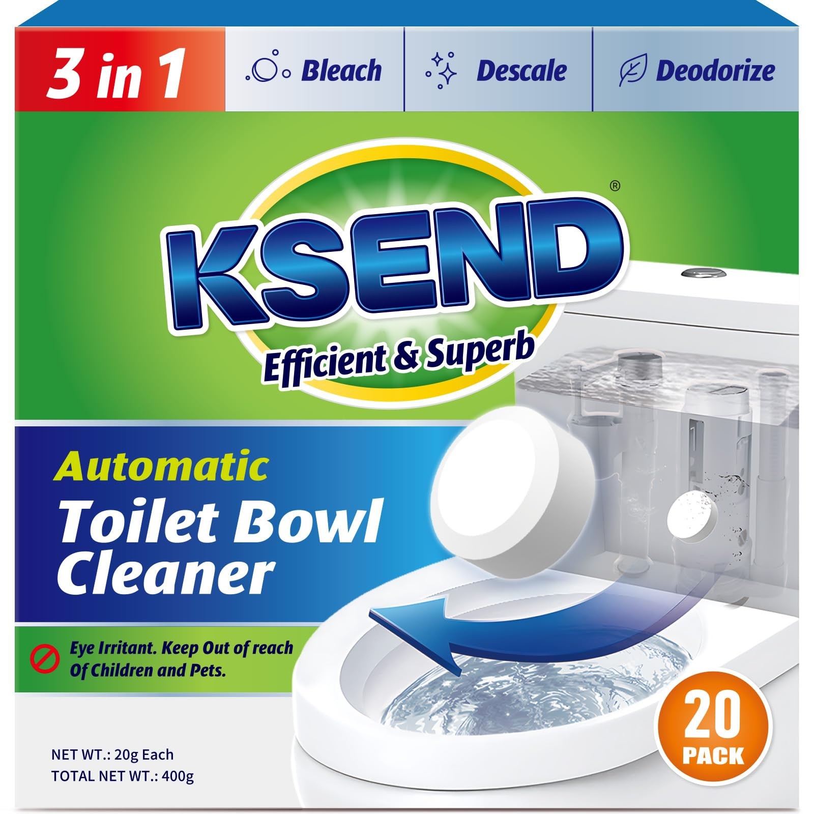Ksend Toilet Bowl Cleaner Tablets – 20 PCS Automatic Bleach Toilet Cleaner