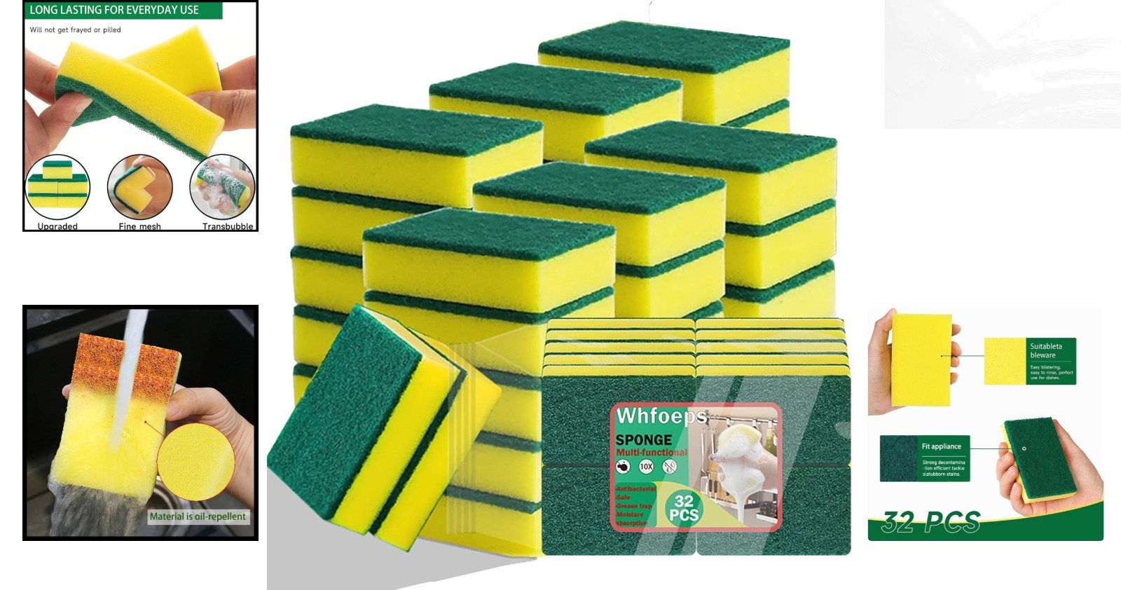 Multi-Purpose Non-Scratch Sponges – 32 Count for Stovetops, Dishes & Appliances