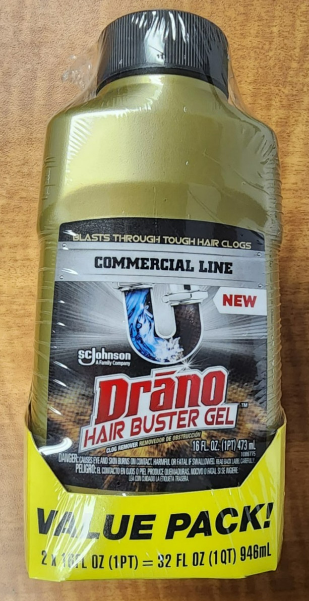 2 New Drano Hair Buster Gel Drain Clog Remover Commercial Line 16 oz, Value Pack