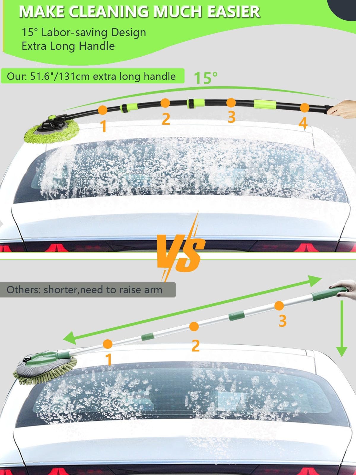 4 Sections Car Wash Brush with 15° Curved Aluminum Alloy Long Handle Telescopic