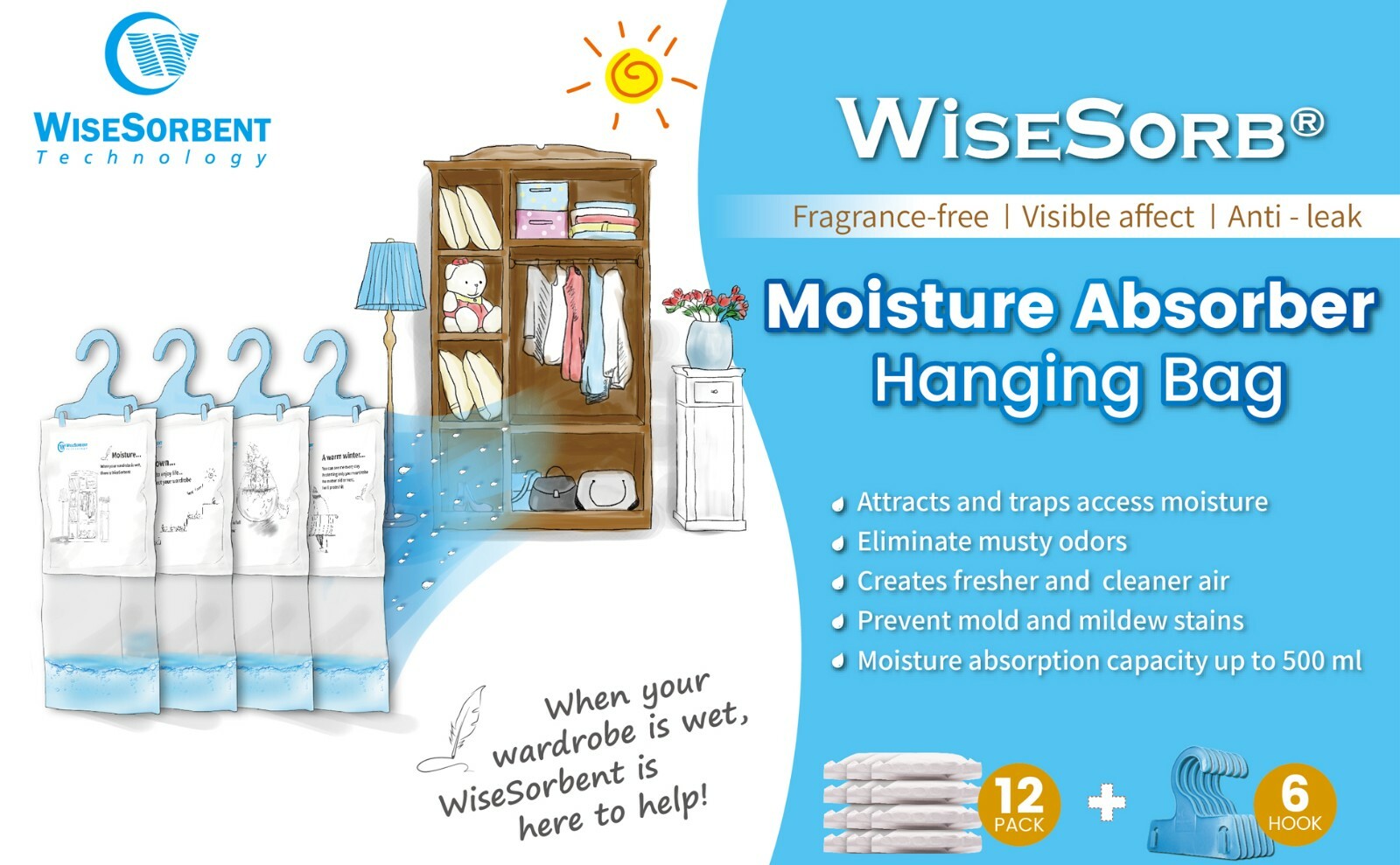 Wisesorb Moisture Absorber Refill Hanging Bags 12 Pack (7 oz. ea.) 6psc Hooks