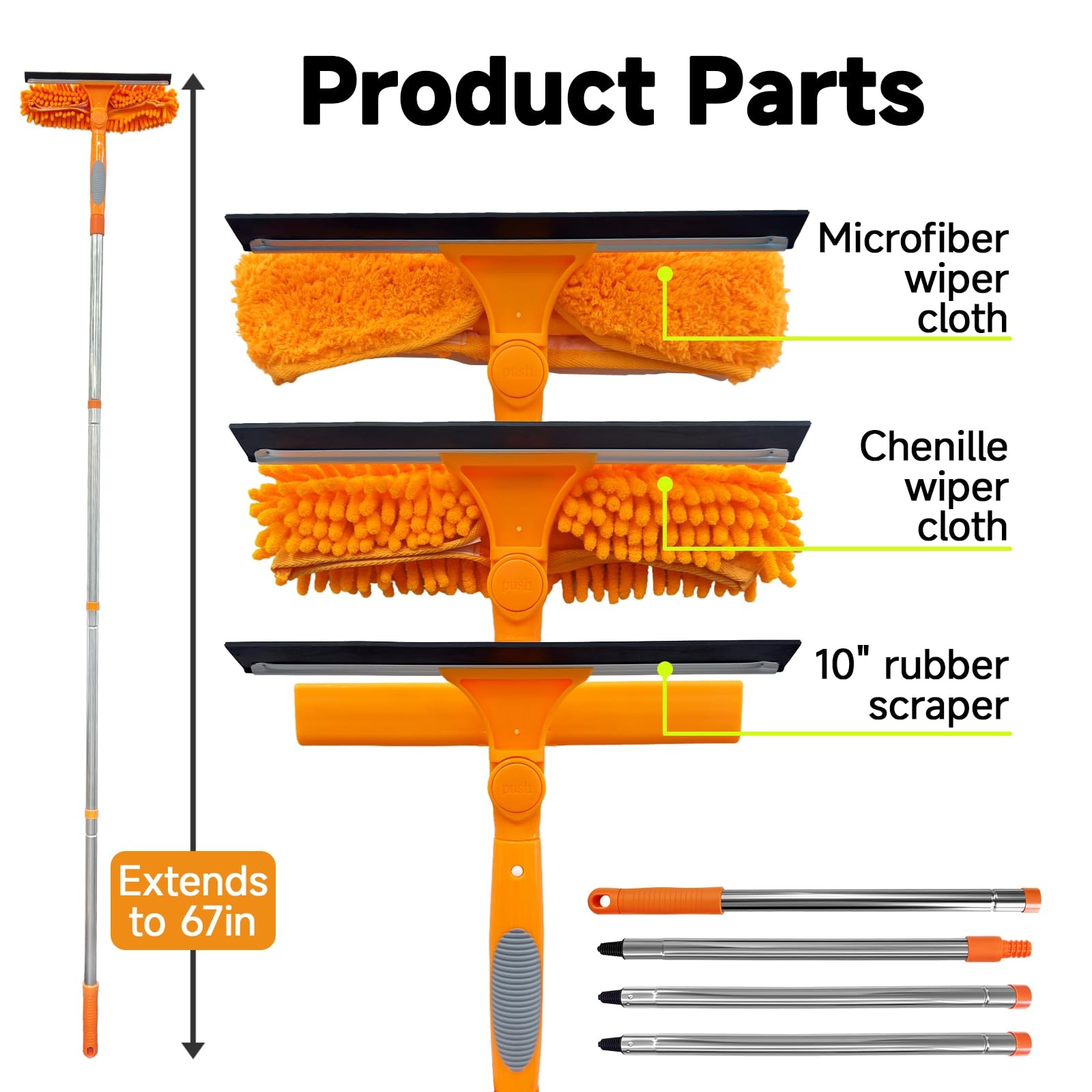 67″ 2 in 1 Rotatable Window Cleaner with Extension Pole and Bendable Head