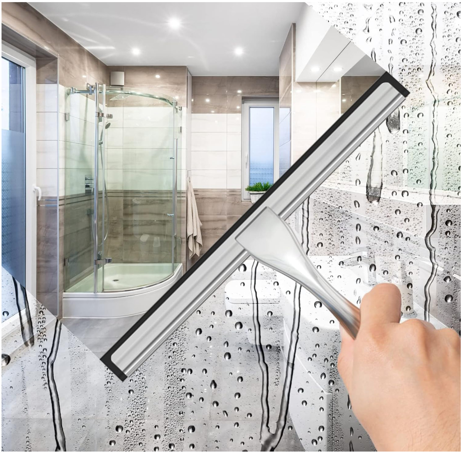 Stainless Steel Shower Squeegee w Hooks for Glass Mirror Tile 10in