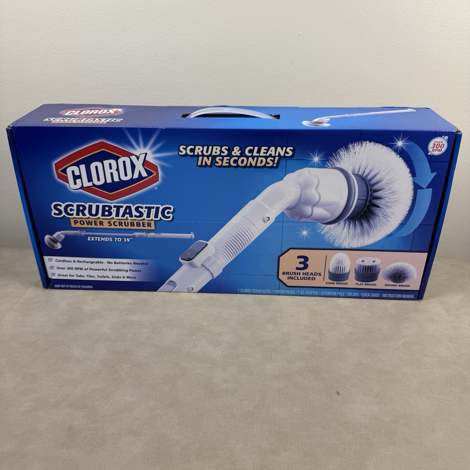 Clorox Deluxe Scrubtastic Power Scrubber 39″ Reach 3 Brush Heads Rechargeable