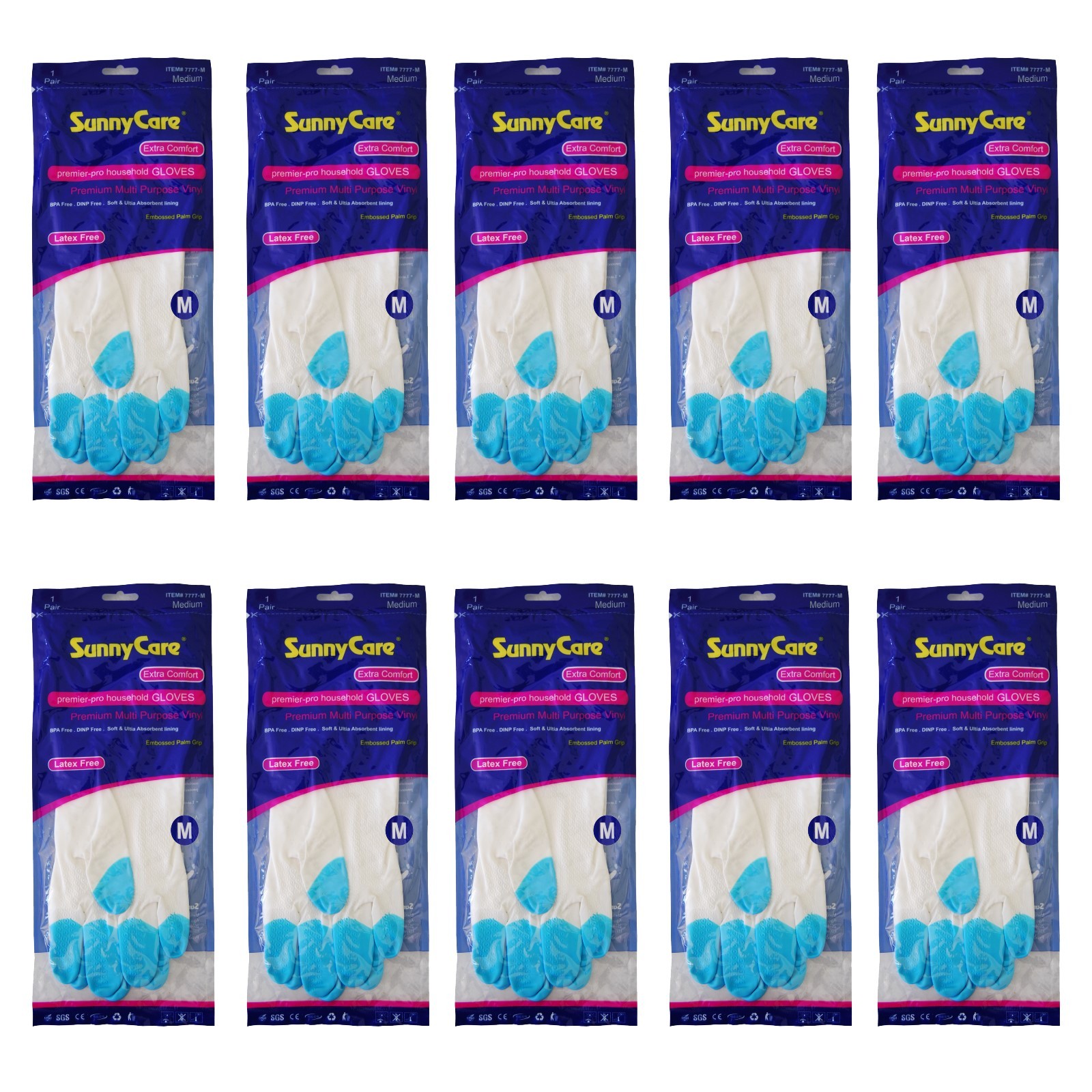 10Pairs SunnyCare Heavy Duty Household Cleaning Vinyl Gloves 13” L (Latex Free)