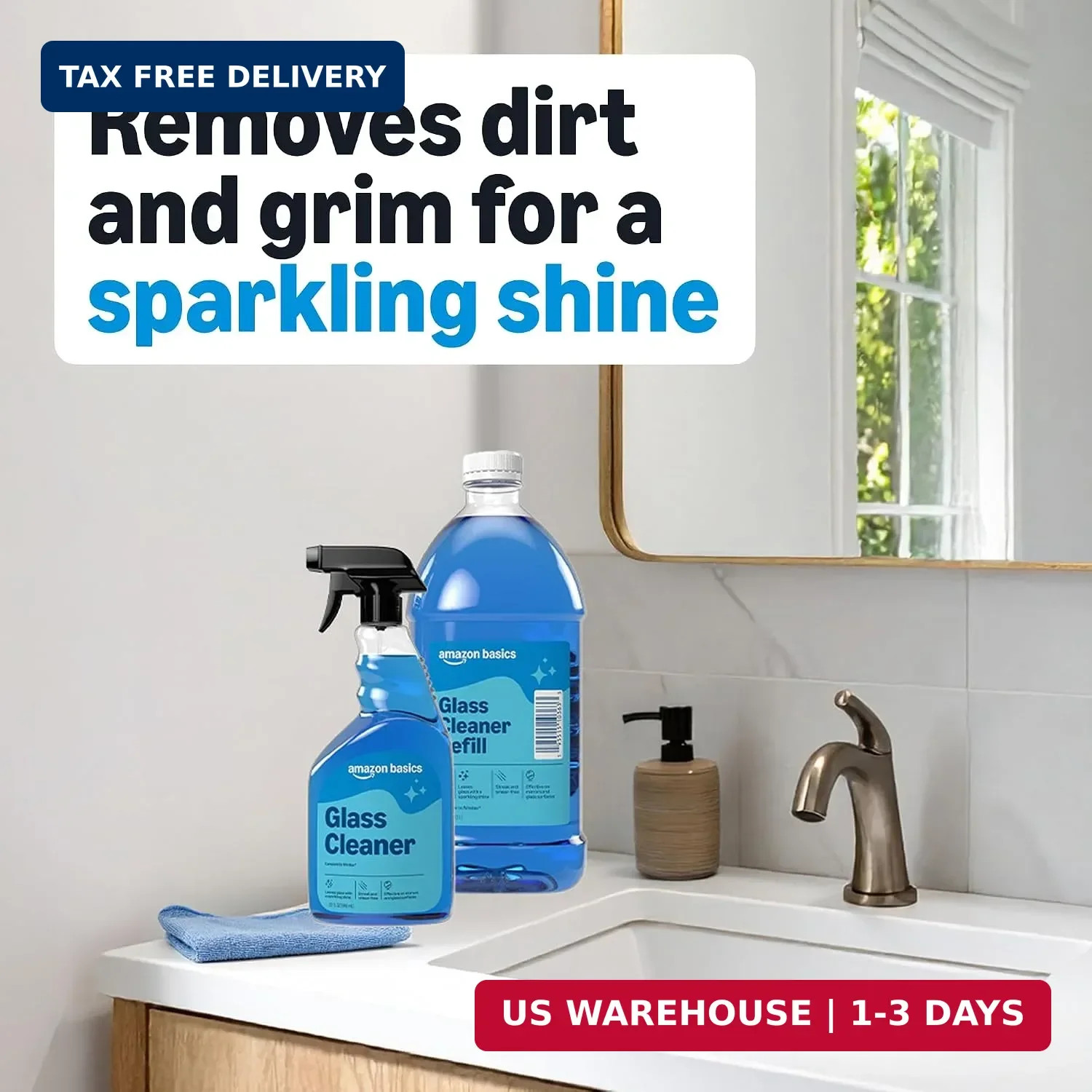 Amazon Basics Glass Cleaner, Streak-Free Shine, 32 Fl Oz, Pack of 2 with 1 Spray