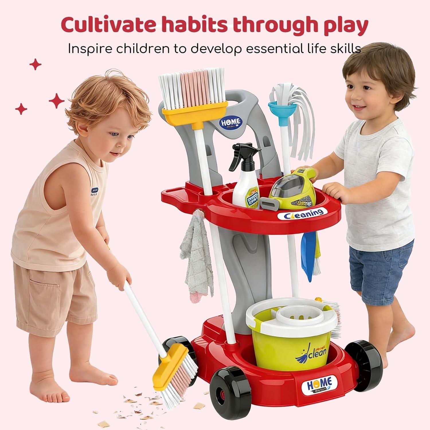 Toddler Cleaning Toy Set Kids Pretend Play Educational Kit with 2-in-1 Toy