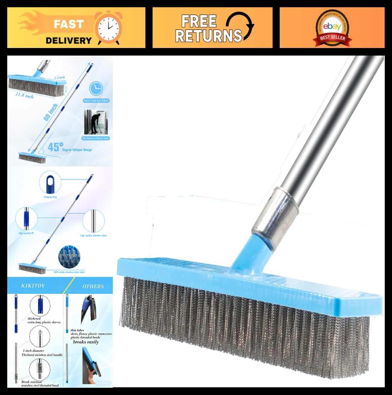 60” Heavy Duty Stainless Steel Deck Scrub Brush – Long Handle Floor Cleaner for