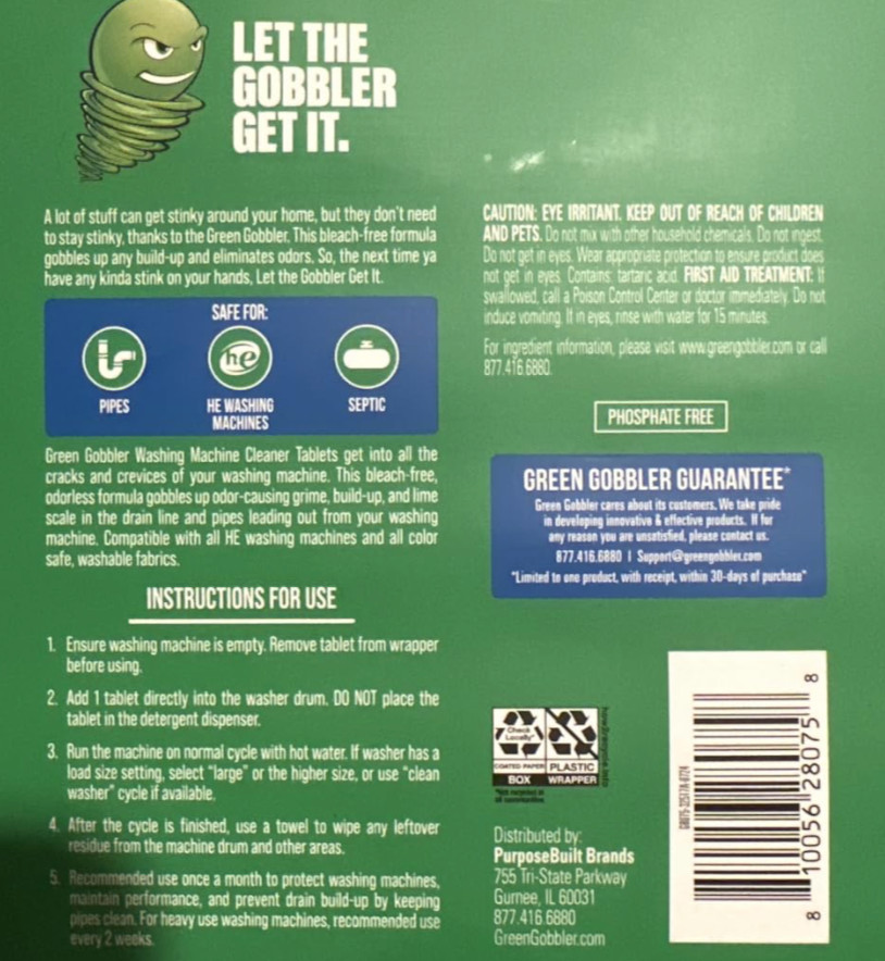 Green Gobbler Washing Machine Cleaner and Pipe Clean Eco Safe NO Bleach 28 count