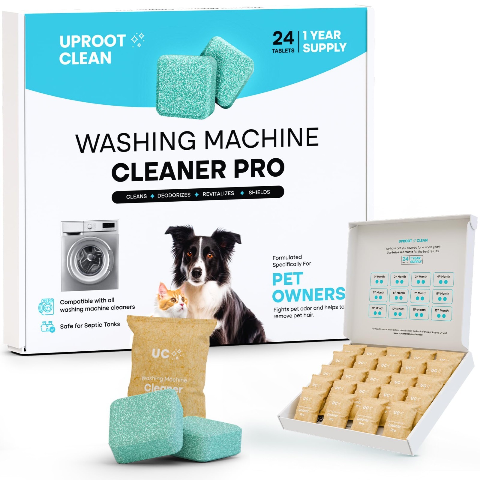 Washing Machine Cleaner Tablets – 24 Pack, Pet Safe, HE & Front Load Compatible,