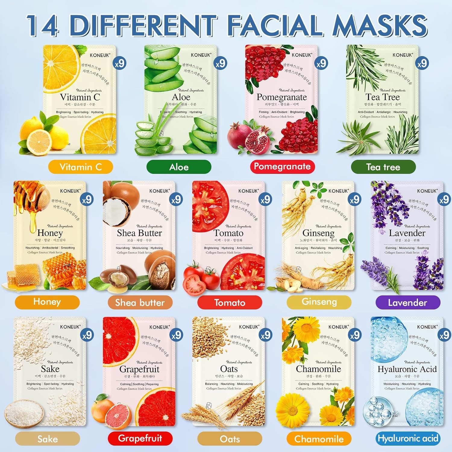 KONEUK 126 Pack Sheet Face Masks Skincare, Bulk Facial Mask Gifts Set for Wome