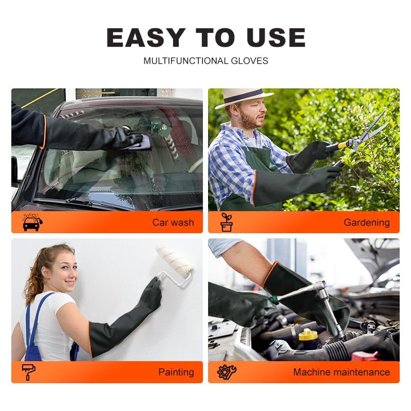 Heavy-Duty Latex Chemical Resistant Gloves – Reusable Long Rubber 14”, Black