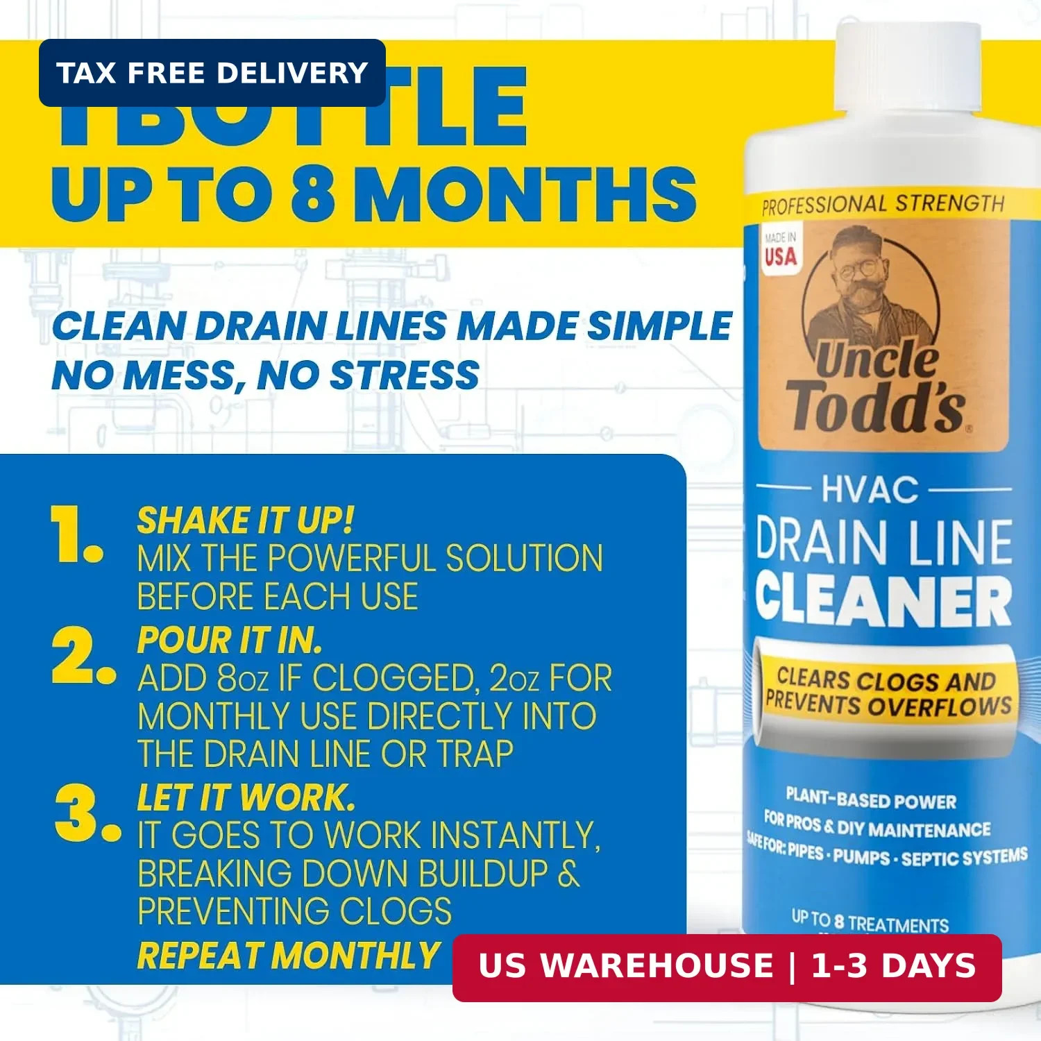 Uncle Todd’s HVAC Drain Line Cleaner – 16oz / 8 Months Supply Bleach-Free, Fast-