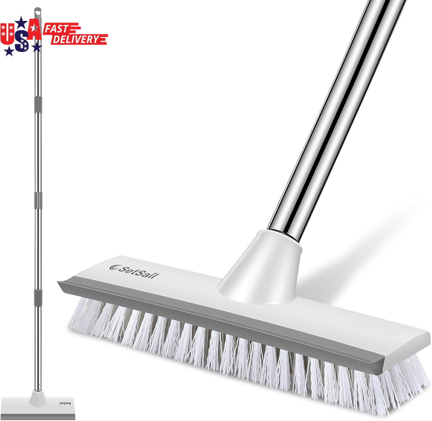 Floor Scrub Brush with 51-Inch Long Adjustable Handle 2 in 1 Scrape Brush Stiff