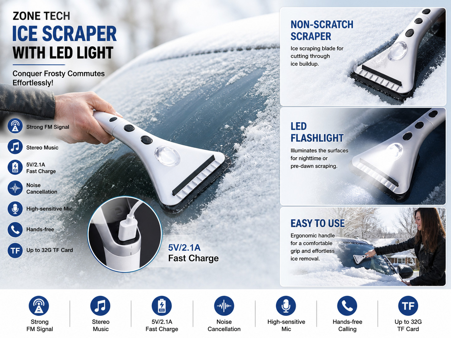 Zone Tech 12V Heated Ice Scraper with LED Light Car Windshield Snow Remover