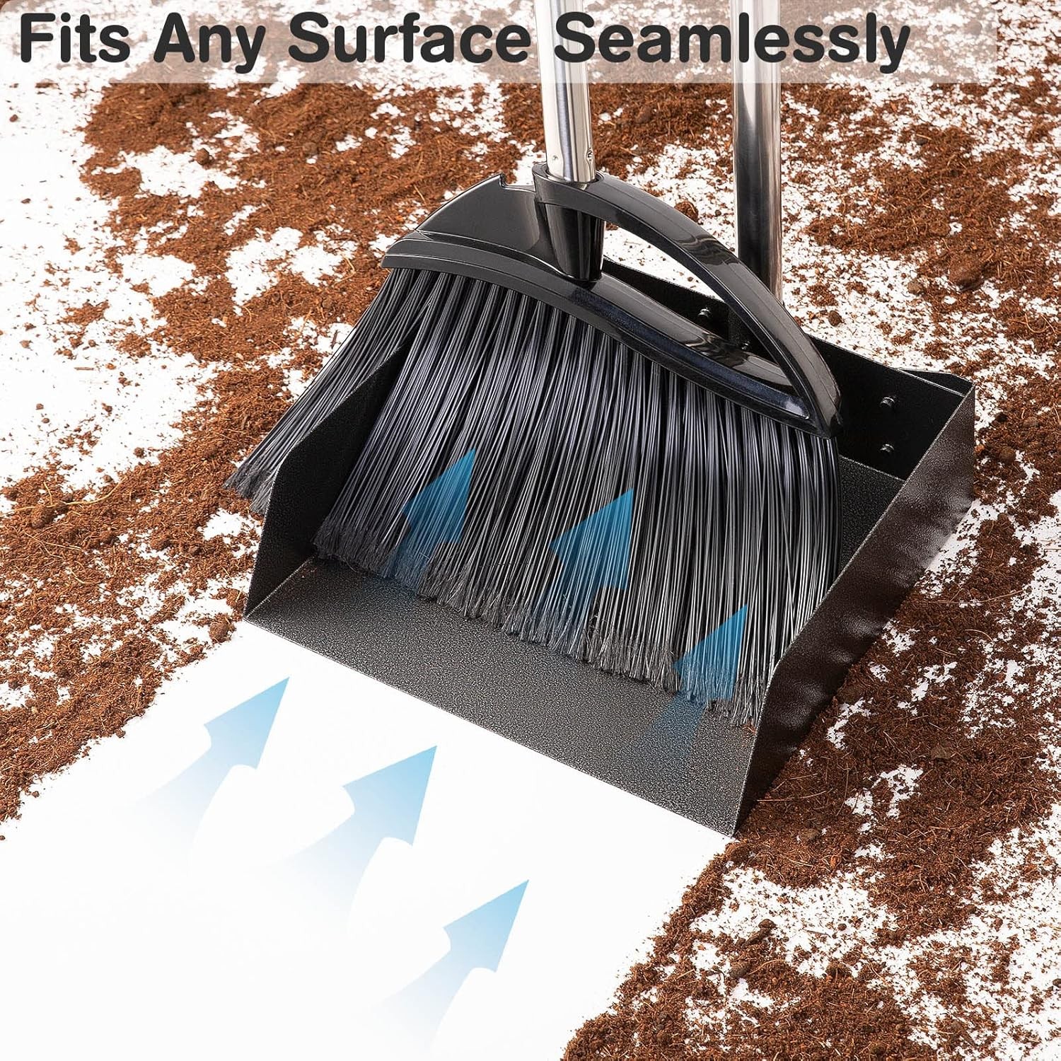 Long Handled Dust Pan and Broom Set for Home, Heavy Duty Metal