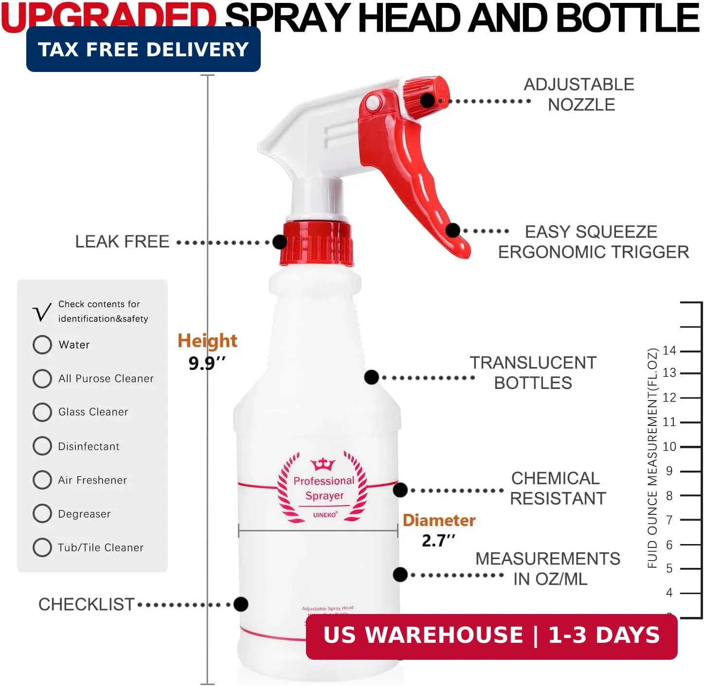Plastic Spray Bottle (4 Pack, 16 Oz, All-Purpose) Heavy Duty Spraying Bottles