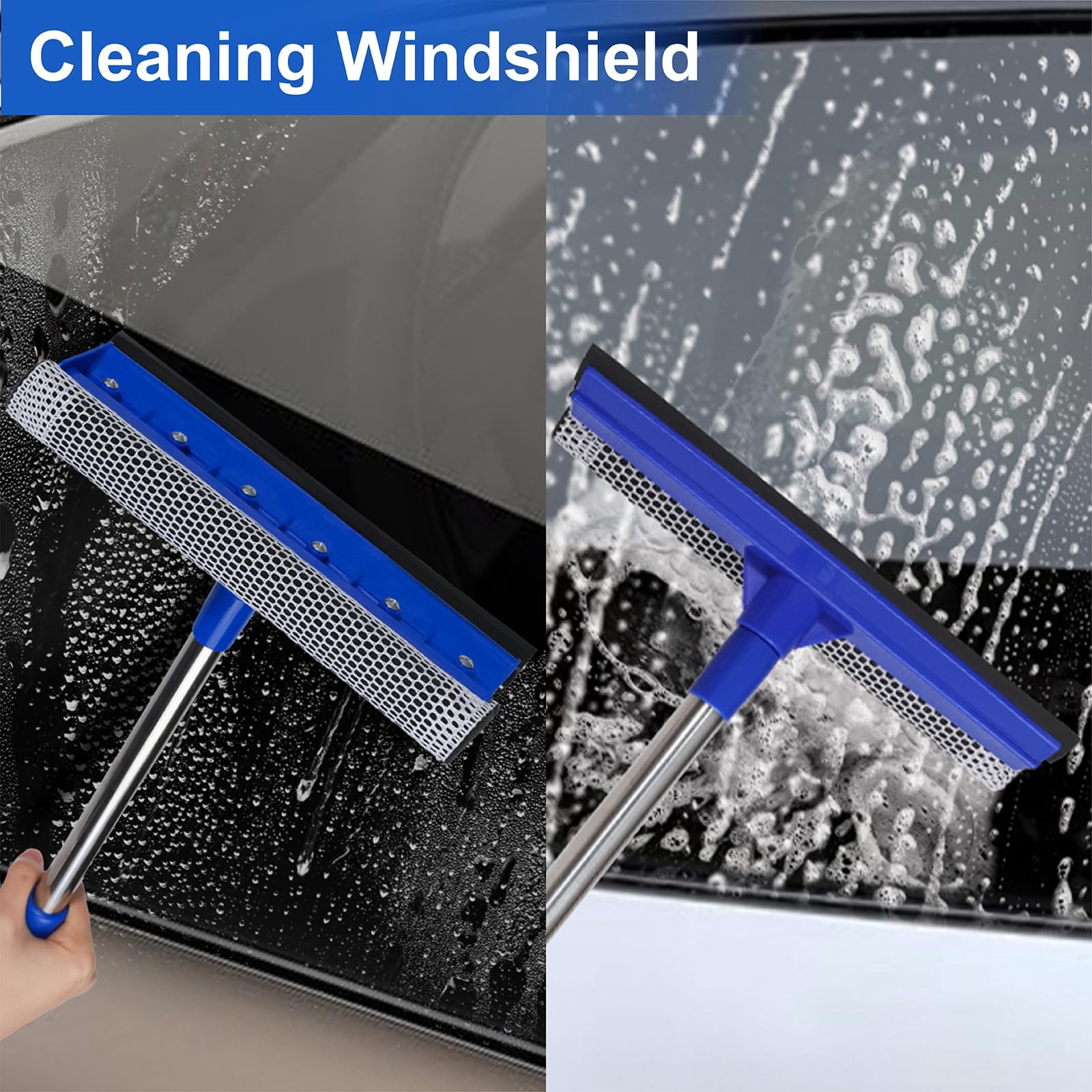 2in1 Car Windshield Cleaner with Squeegee, Sponge, and Retractable Handle