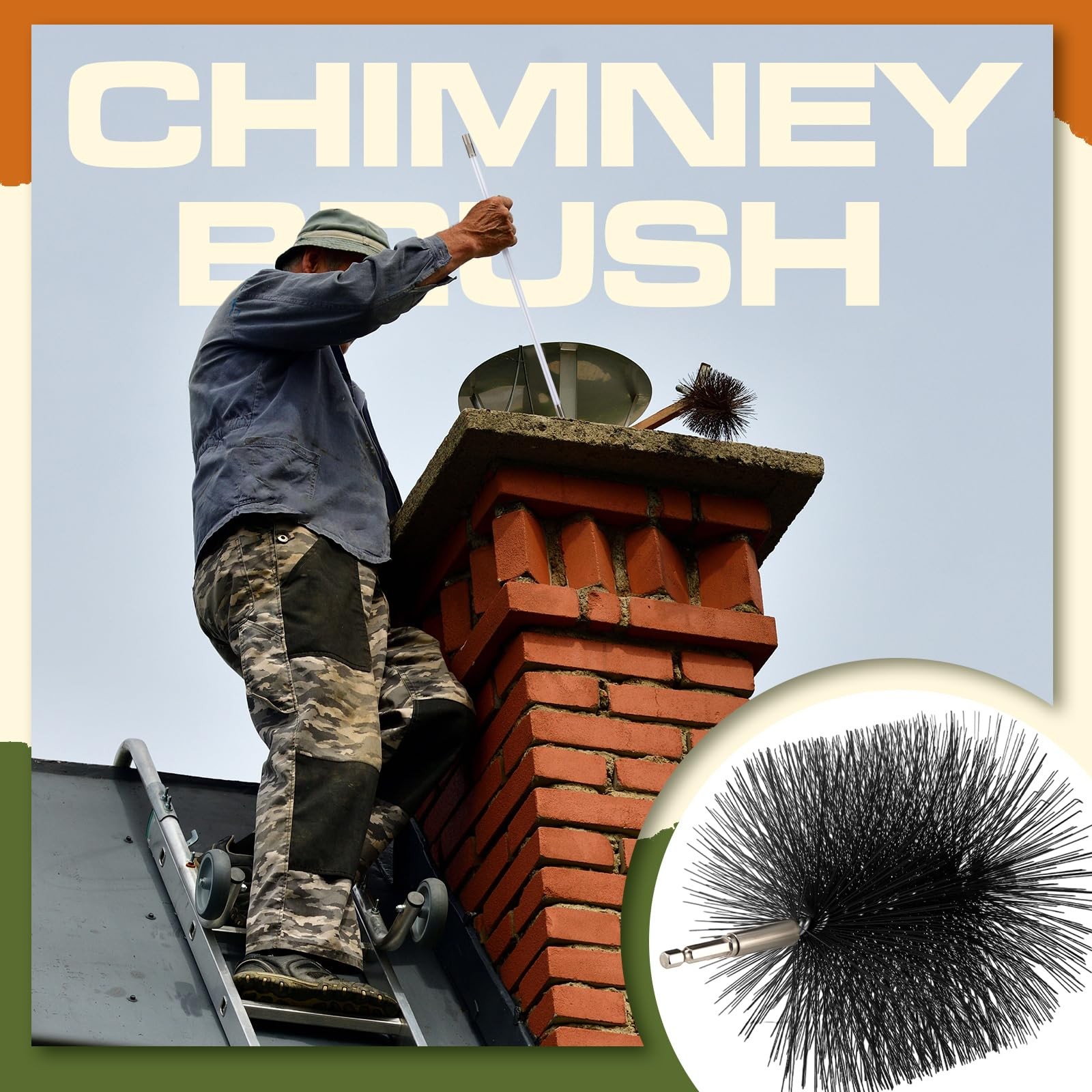 Wire Chimney Cleaning Brush with 1/4 Npt Fitting and 12 Rods, 6 Inch Round Steel