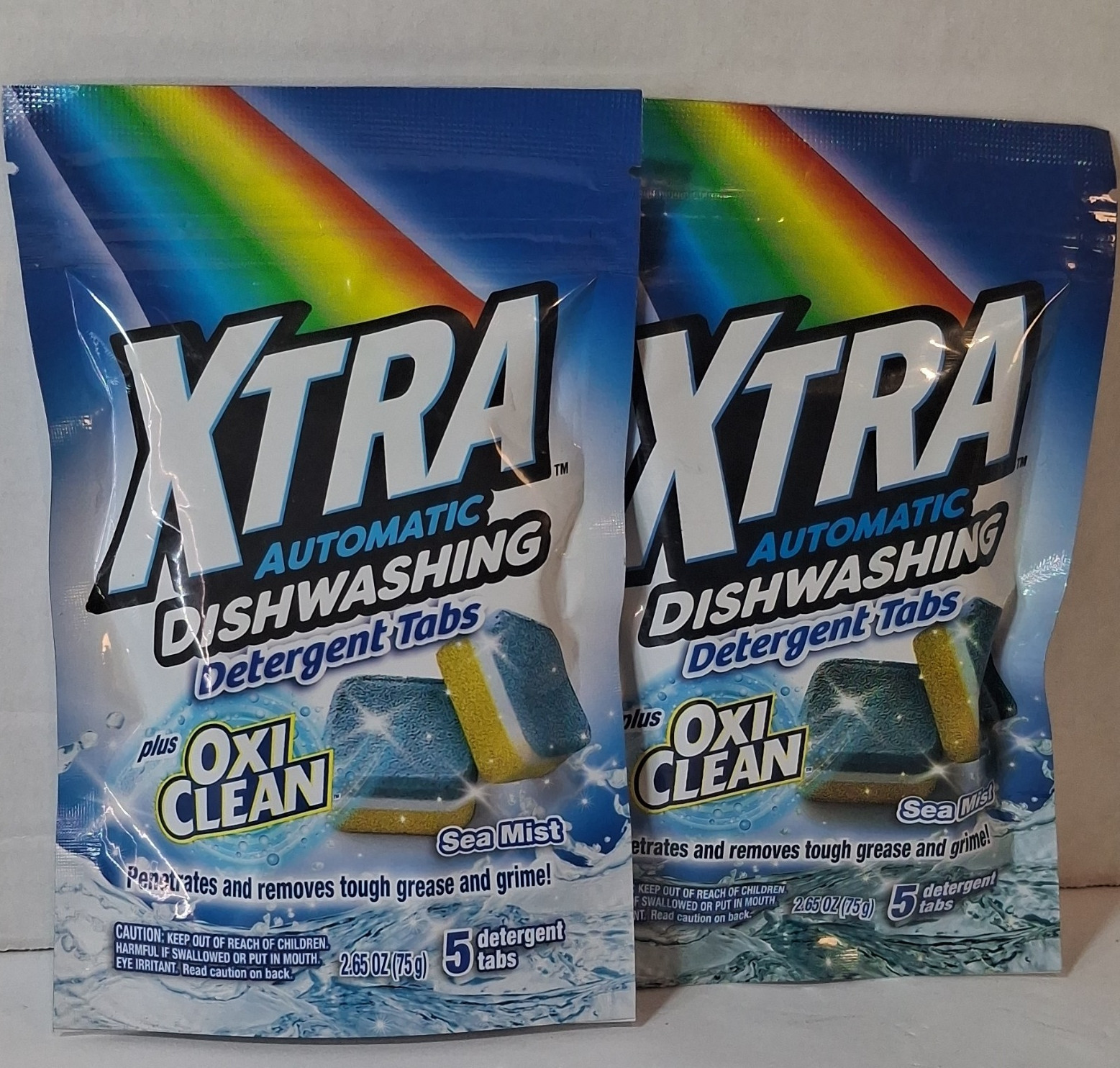 XTRA Dishwasher Detergent Tablets with OxiClean, Sea Mist, 5 Tabs, 2-Pack