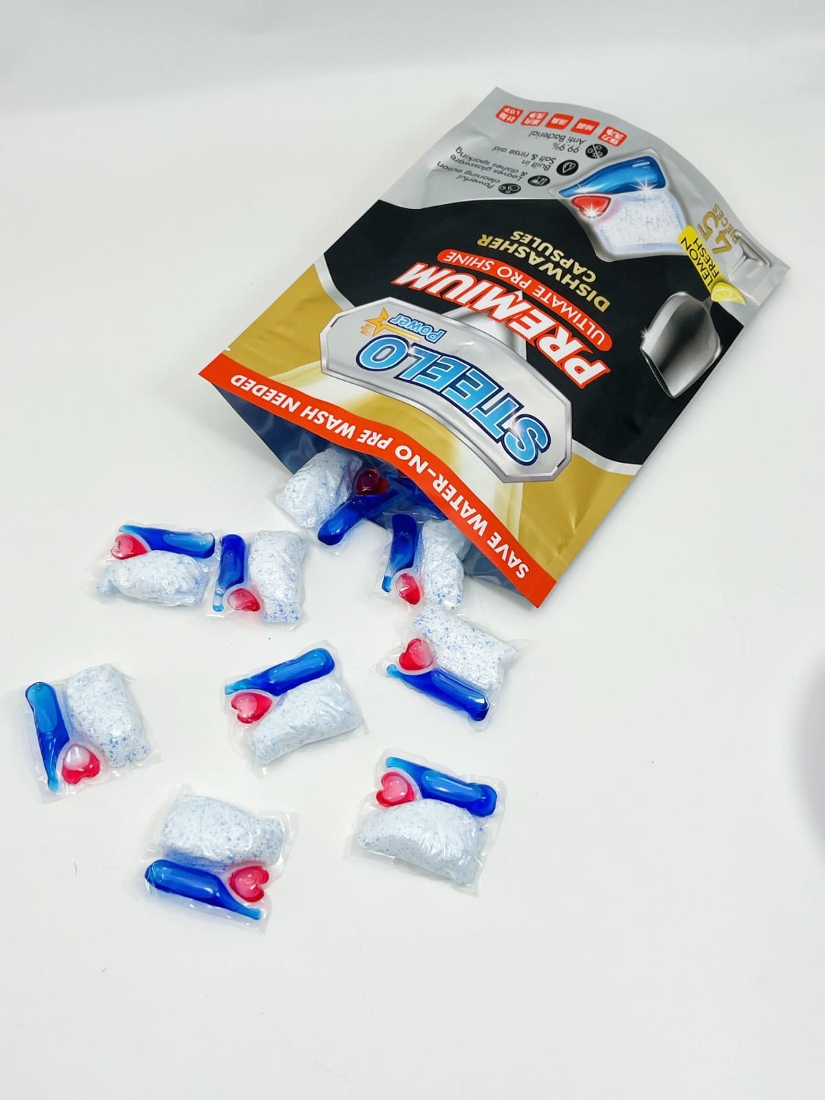 STEELO POWER DISHWASHER DETERGENT CAPSULES 45 PCS PACK BASIC FACTORY SEALED