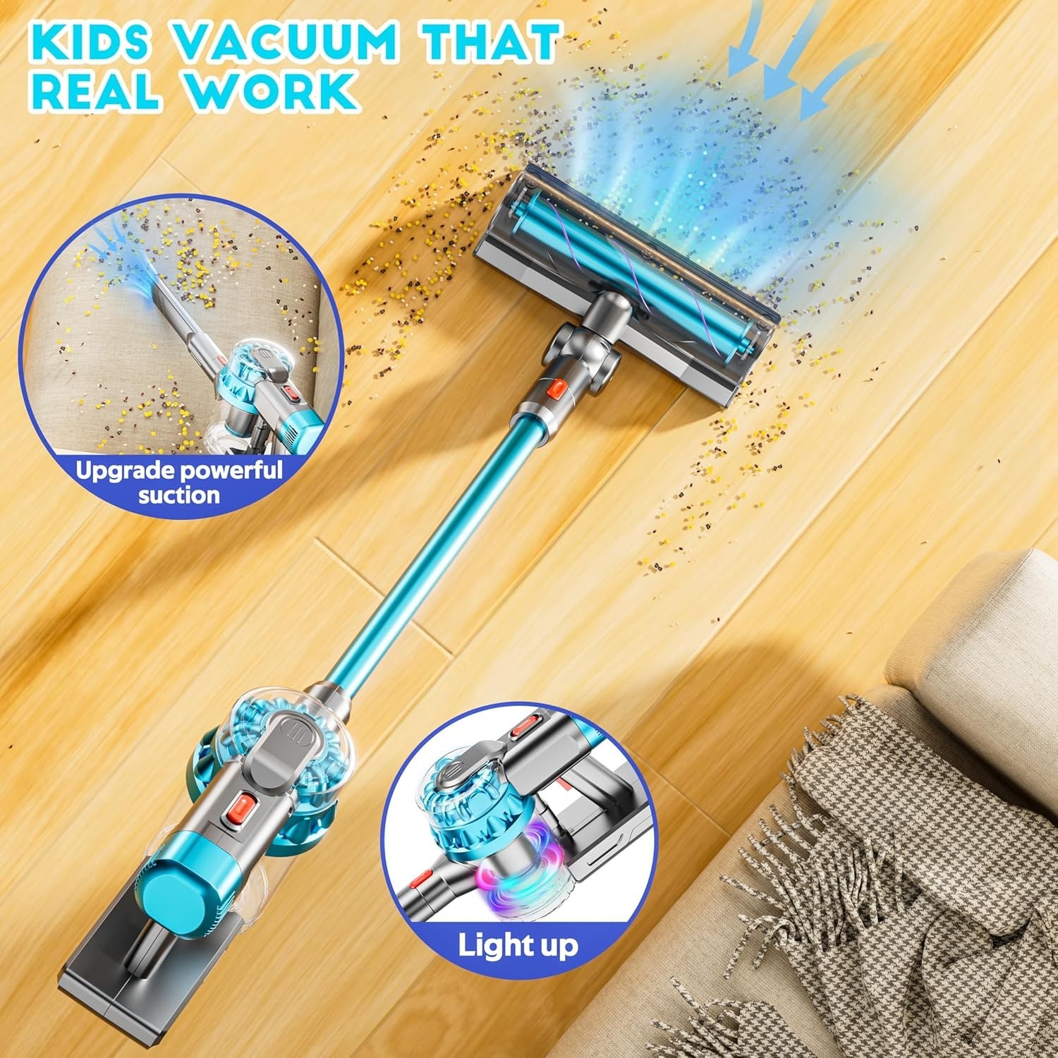 Kids Toy Vacuum Cleaner Set with Real Suction and Light, 4-in-1 Pretend Play
