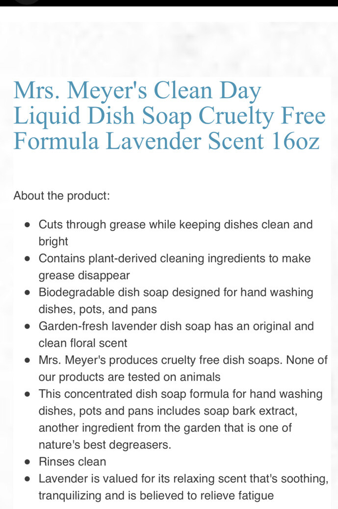 Mrs. Meyer’s Clean Day Liquid Dish Soap Cruelty Free Formula Lavender Scent 16oz