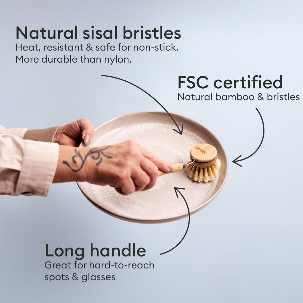 Eco-Friendly Bamboo Dish Brush with 3 Natural Bristle Replacement Heads