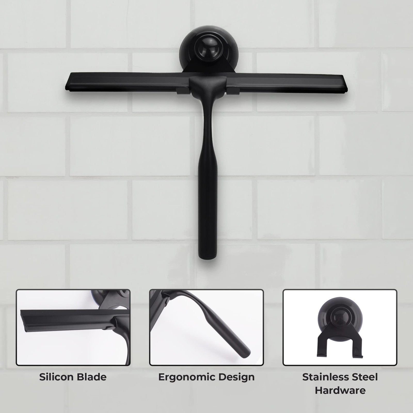 Matte Black Shower Squeegee for Glass Doors with Adhesive Hooks, Squeegee for…