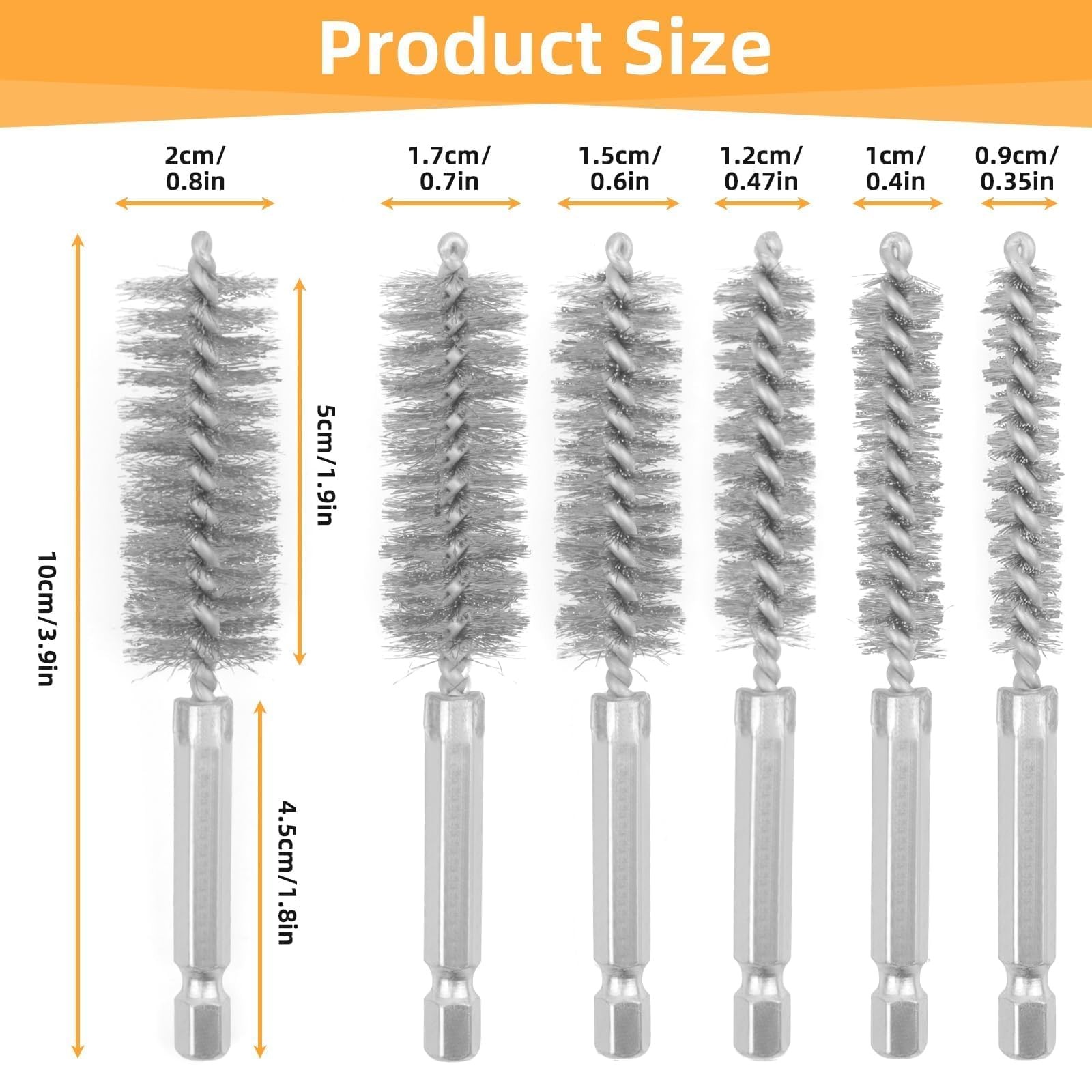 6 Pcs Stainless Steel Wire Bore Brush Set 1/4 Inch Hex Shank Twisted Drill Brush