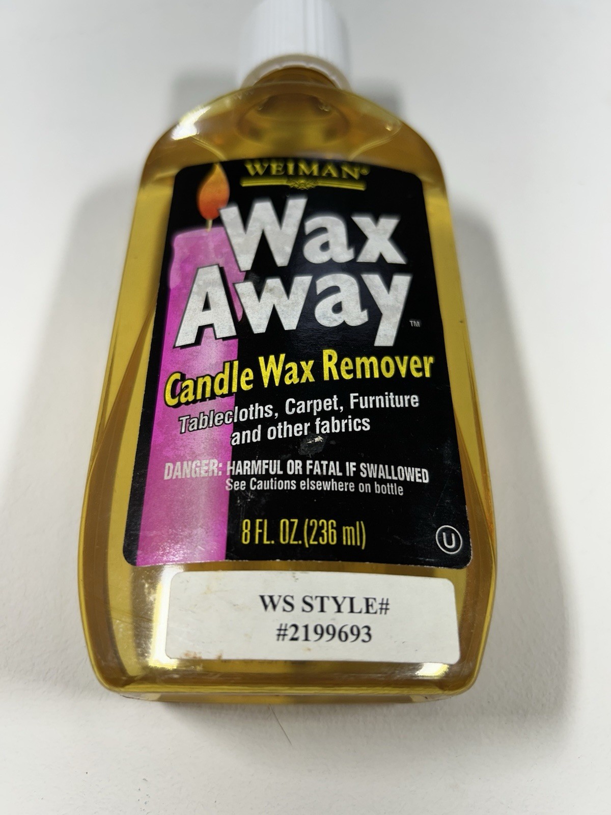 Weiman Wax Away Candle Wax Remover Fabrics 8 FL. OZ. White Cap Bottle 85% Full