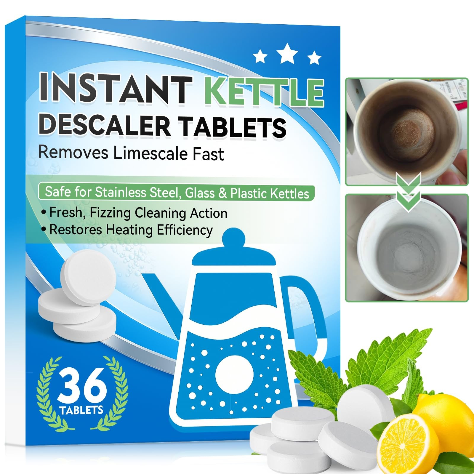 Kettle Descaler Tablet, 36 Pack Kettle Cleaner Removes Hard Water Buildup, Ef…