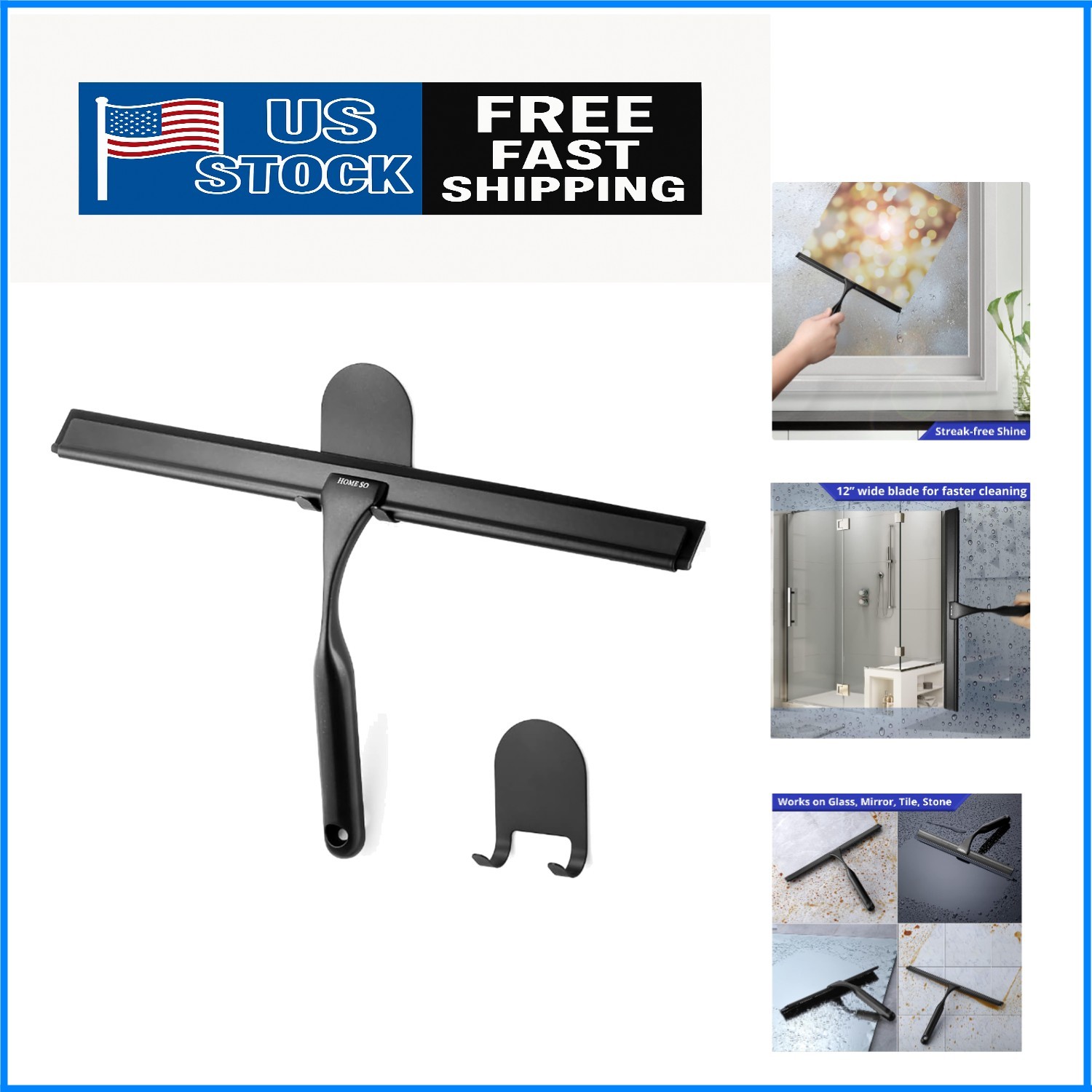 Heavy Duty 12-Inch Matte Black Shower Squeegee – Perfect for Windows & Glass