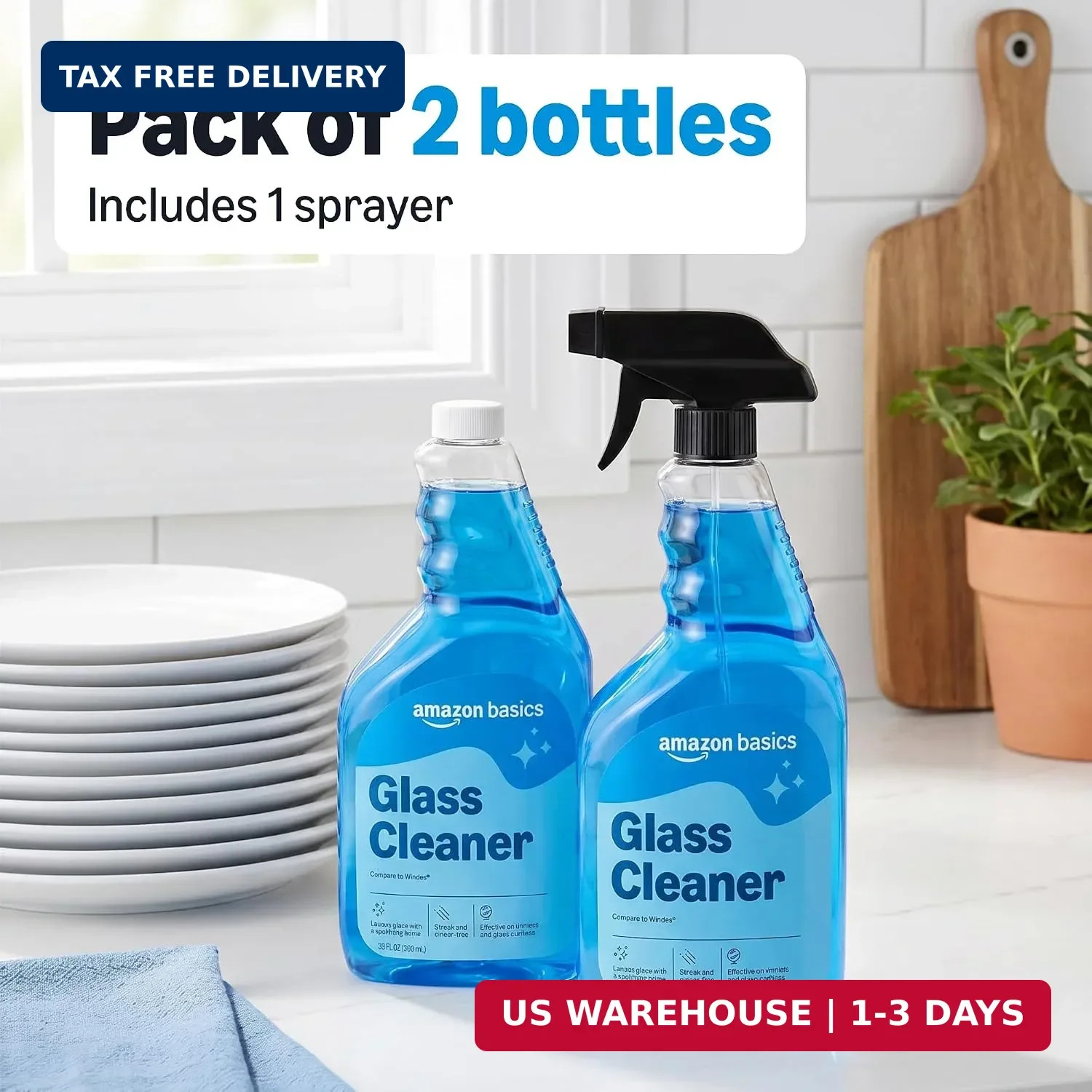 Amazon Basics Glass Cleaner, Streak-Free Shine, 32 Fl Oz, Pack of 2 with 1 Spray
