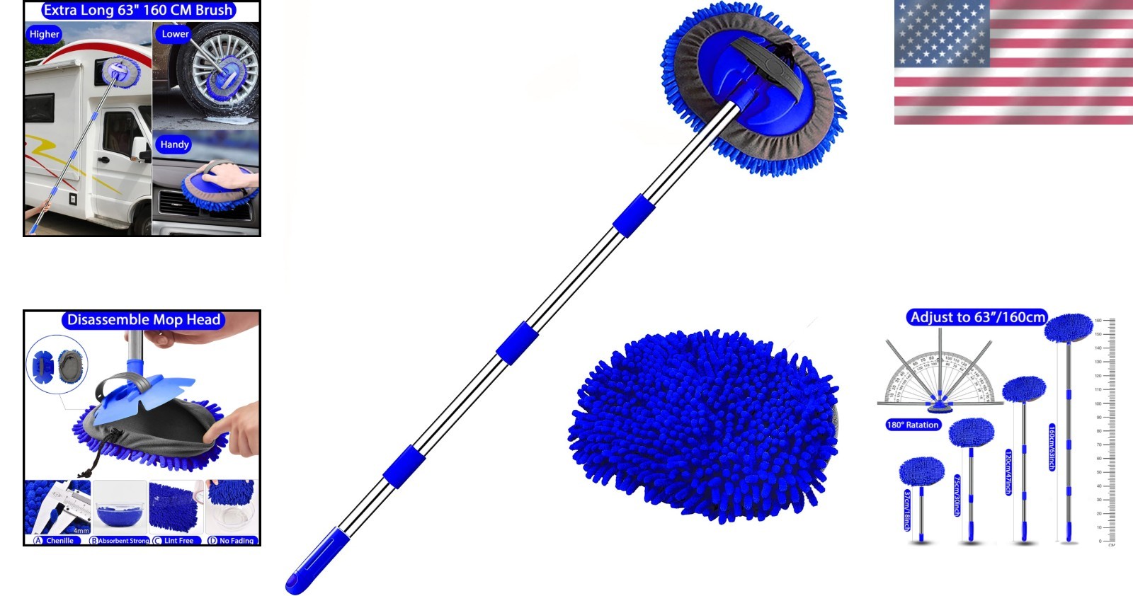 Car Wash Brush Kit – 63″” Long Handle Microfiber Cleaning Brush for Car RV Truck