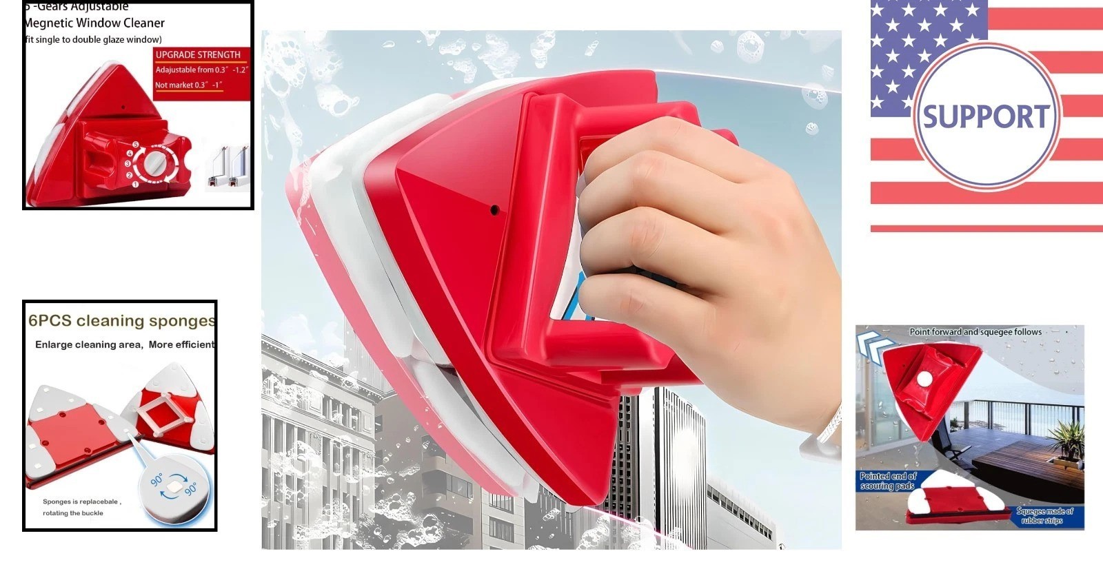 Magnetic Double-Sided Glass Cleaner with Scouring Pads – Red Modern Design
