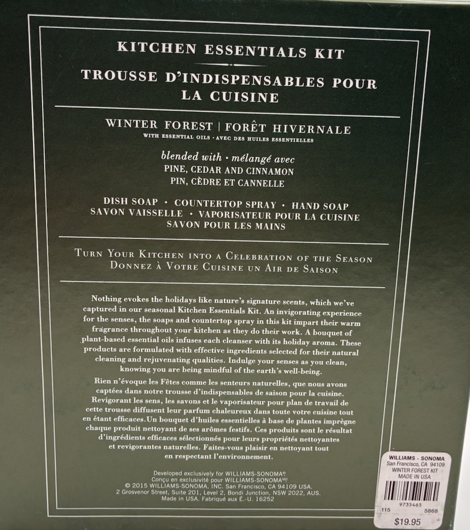 NEW Williams Sonoma Kitchen Essentials Kit Winter Forest Hand Dish Soap Spray ￼