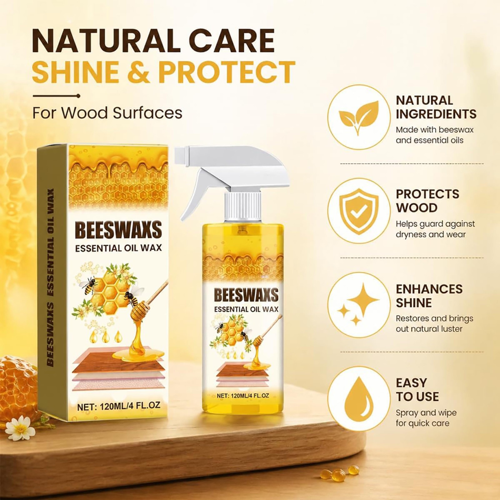 Natural Beeswax Wood Polish Spray with Sponge & Towel