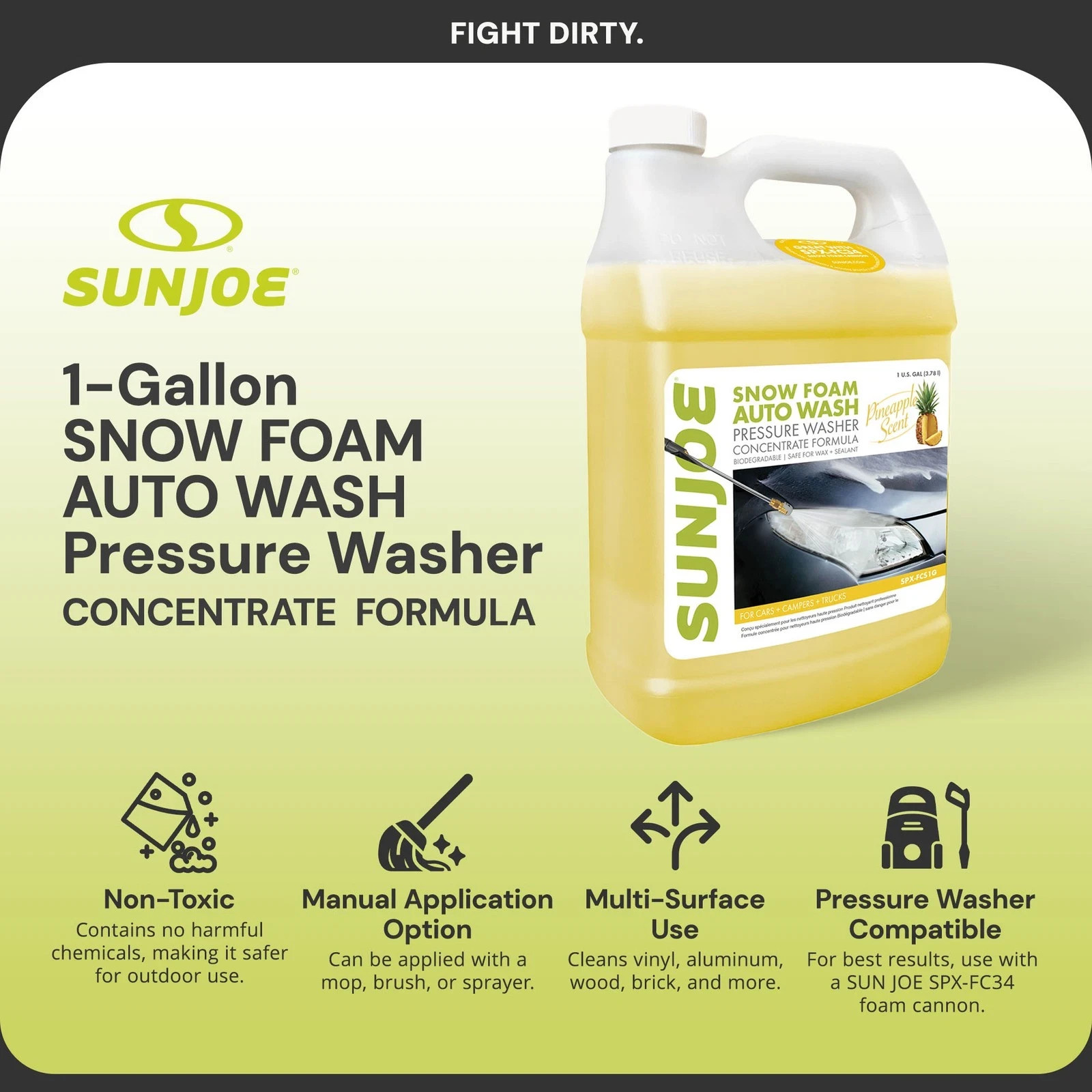 Sun Joe Premium Snow Foam Pineapple Scent Car Wash Soap & Cleaner 1 Gal FCS1G