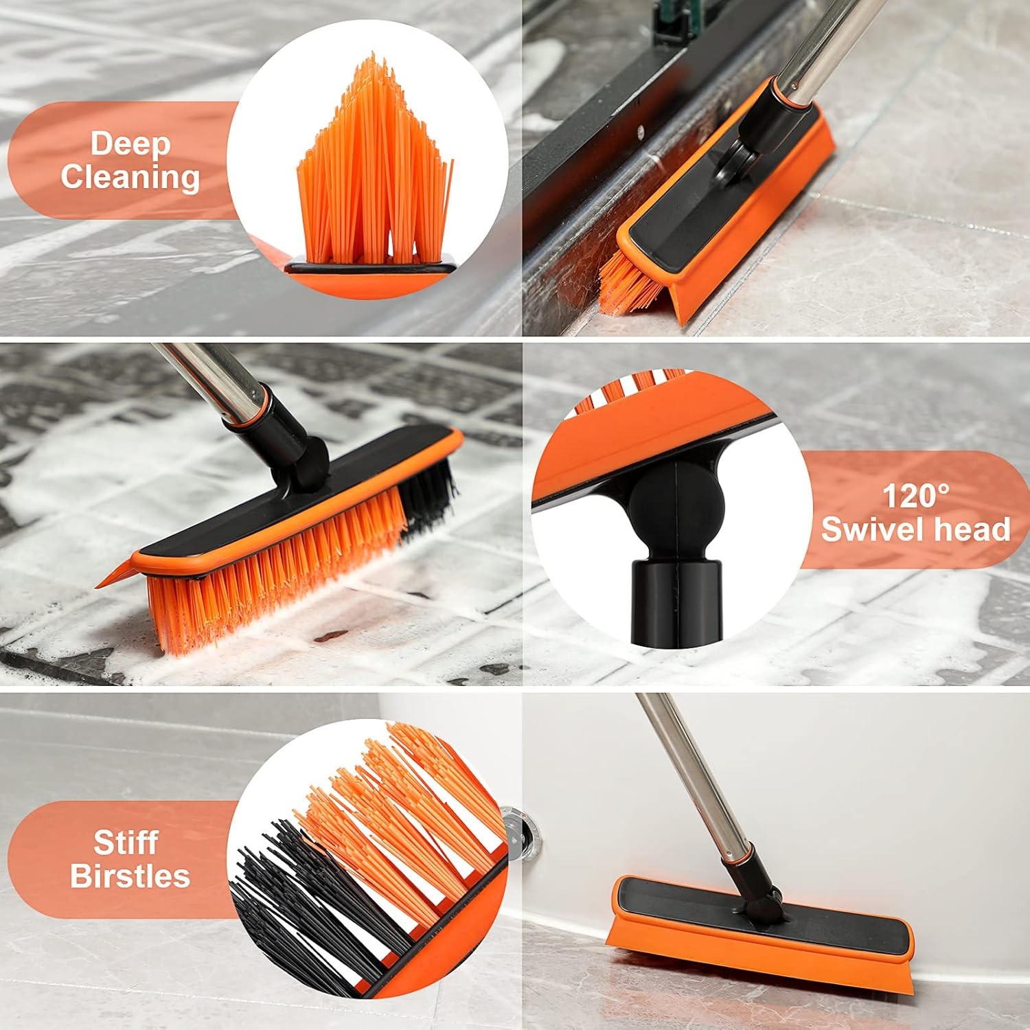 2-in-1 floor cleaning brush and tile grout brush, V-shaped corner brush (orange)