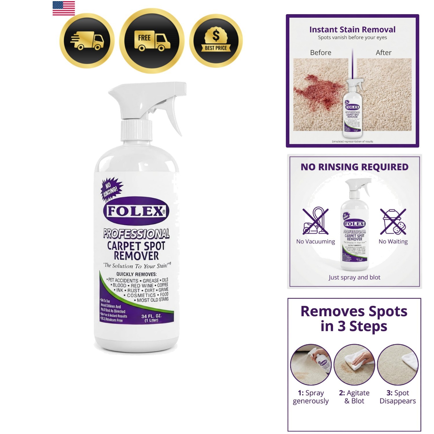 Professional Carpet Cleaner Spray 34 oz – Pet Stain Removal – Instant Stain R…