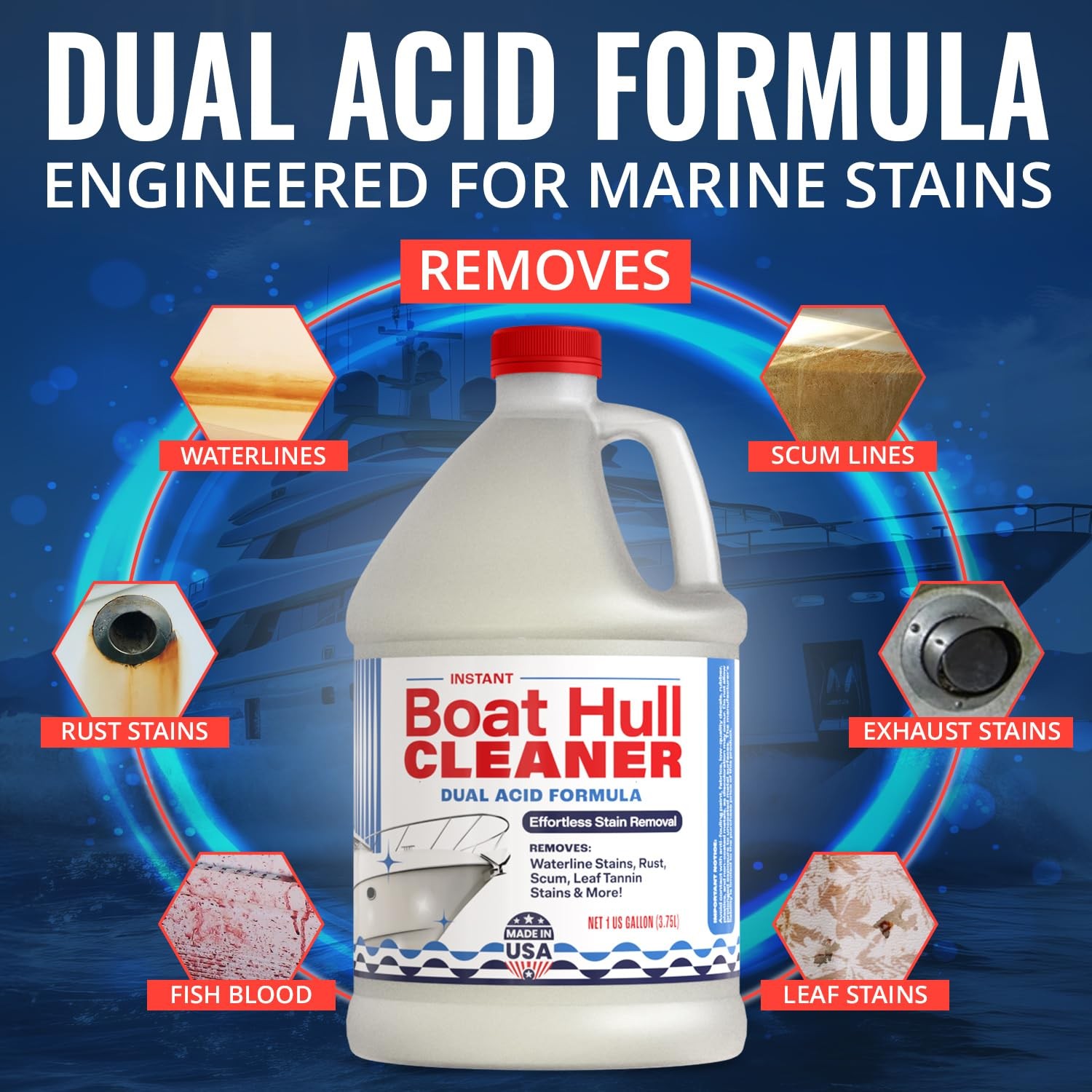 Instant Boat Hull Cleaner – Dual Acid Formula for Scum, Rust, Hard Water Stains