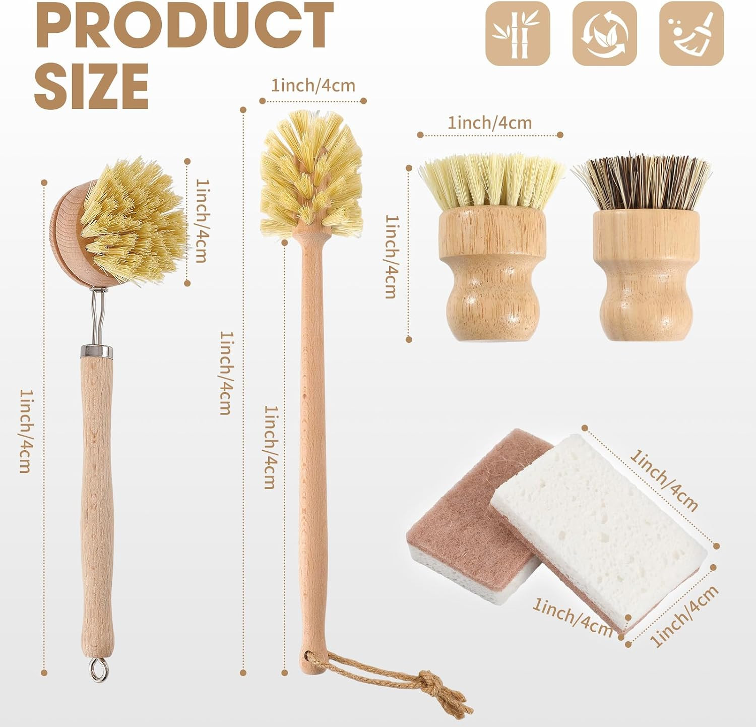 6 Pack Bamboo Dish Brush & Sponge Set, Wooden Handle Kitchen Scrub Brushes with
