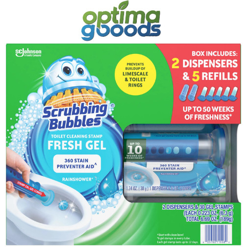 Scrubbing Bubbles Toilet Gel Stamps Rainshower 2 Dispensers + 30 Refills.