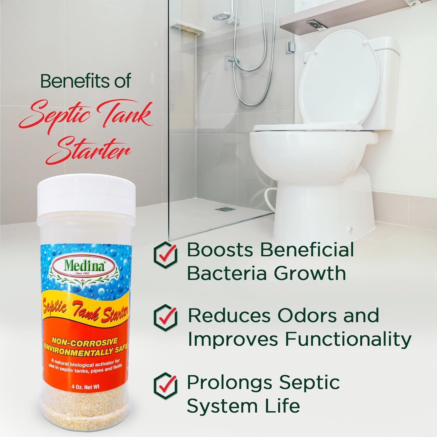 Medina Septic Tank Starter – Digests Grease in Septic Systems 4 oz Bottle