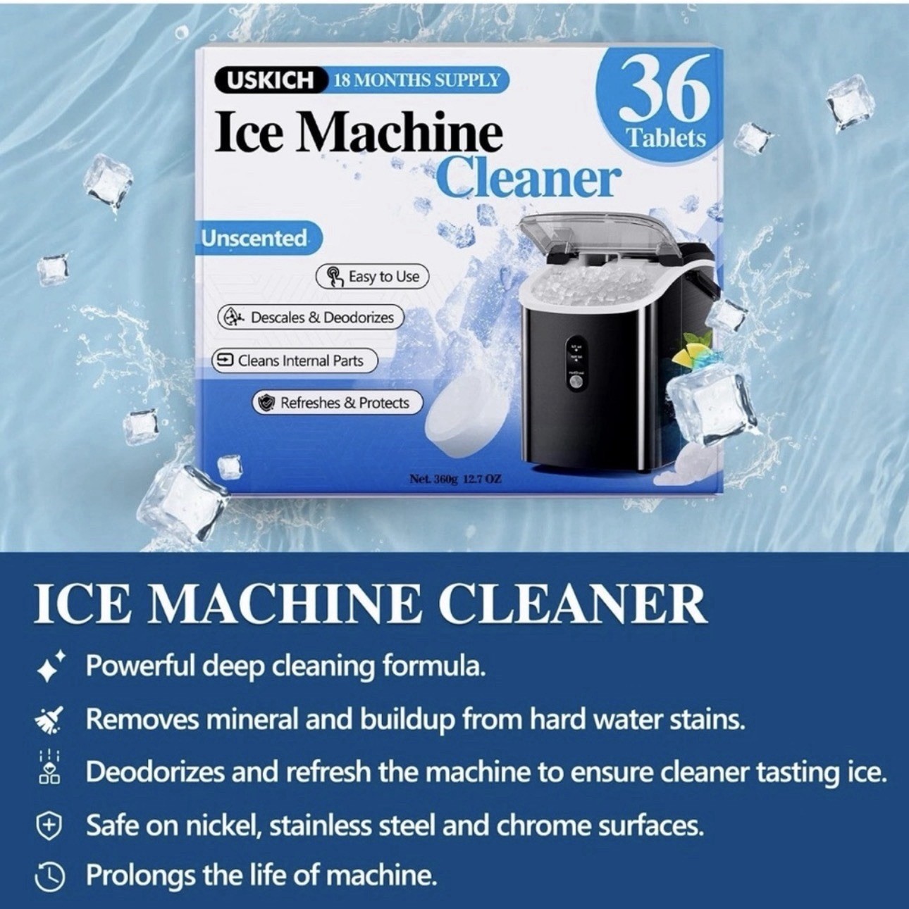 USKICH Ice Machine Cleaner Tablets 36 Pack Unscented Descaler & Deodorizer