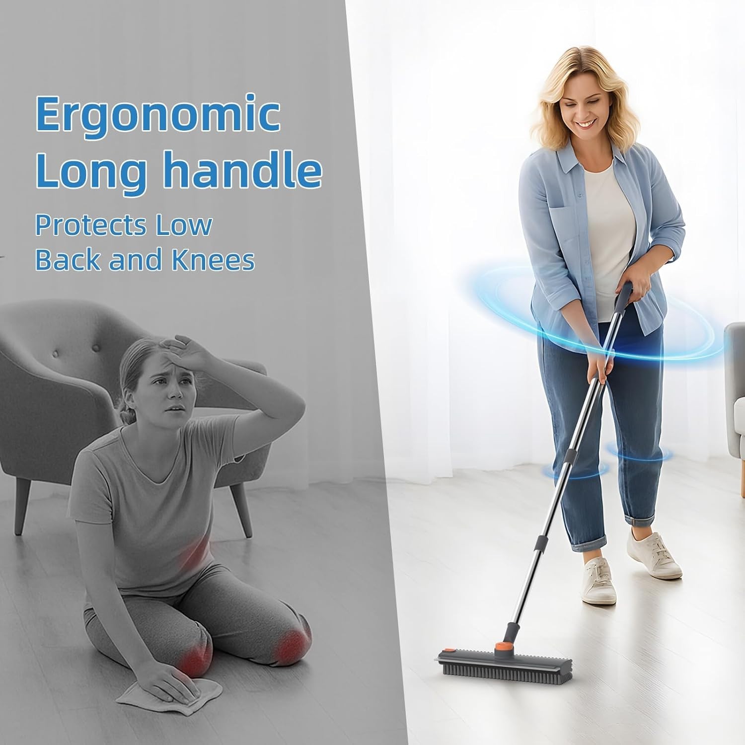 Floor Scrub Brush Squeegee Broom with Long Handle 3 in 1 Cleaning Tool
